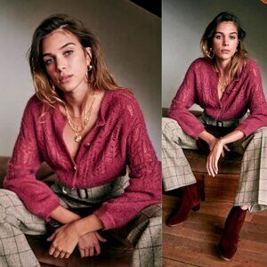 Sezane Tonio Mohair Merino Wool Sweater Cardigan Knit Berry Size Small French S